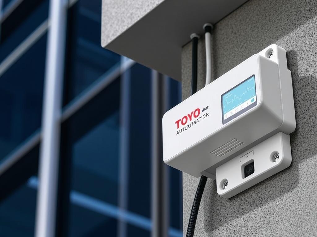 Sensor gempa Toyo Automation terpasang pada struktur bangunan dengan tampilan data real-time