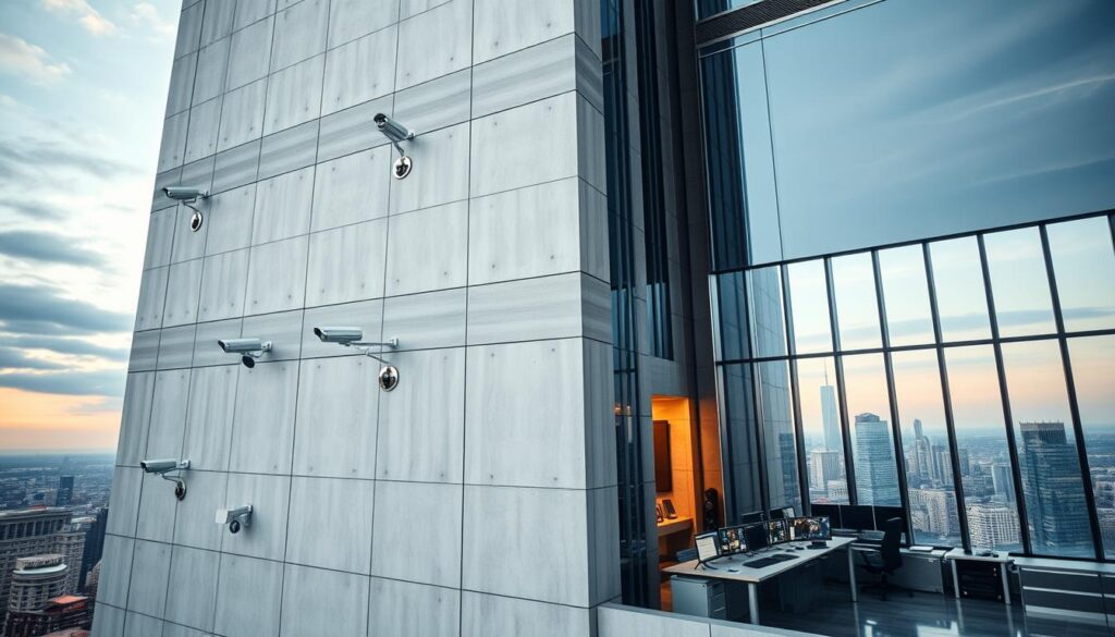 Imposing concrete high-rise office building with an integrated security system. The facade features sleek glass panels and clean lines, conveying a sense of modernity and efficiency. In the foreground, an array of security cameras and sensors are discretely embedded, monitoring the building's perimeter. The middle ground showcases a central security control room, with multiple displays and terminals displaying real-time data feeds. Soft, directional lighting illuminates the space, creating a calm and professional atmosphere. In the background, the city skyline is visible through the windows, emphasizing the building's strategic location. The overall scene conveys a seamless integration of advanced security technology within a sophisticated, contemporary office environment.